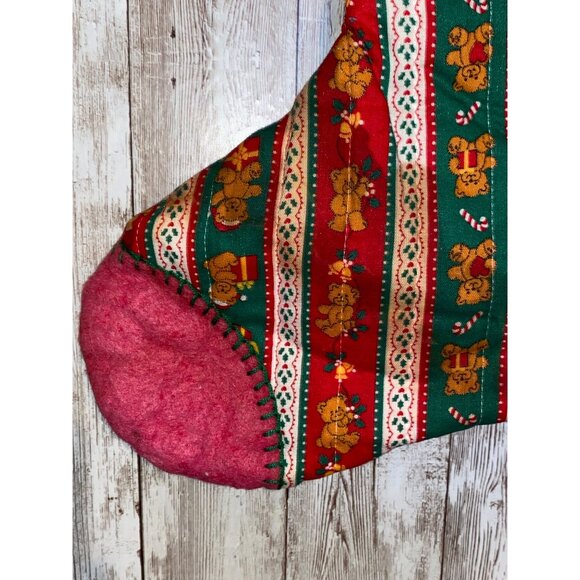Vintage Handmade Teddy Bear Christmas Hanging Stocking w/ Festive Pattern & Bow - Picture 2 of 11